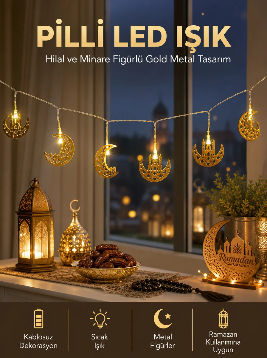Pilli Minareli Hilal Led Işık Gold Metal Ramazan Dekorasyonu - Lisinya Diğer