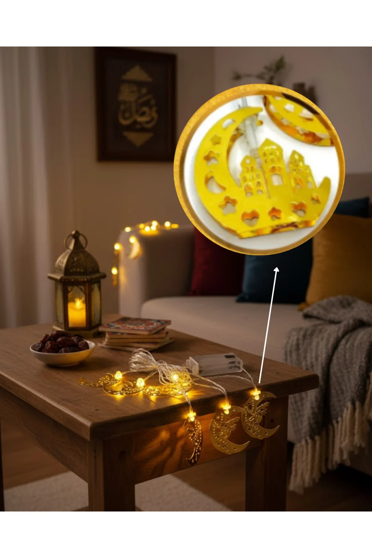 Pilli Minareli Hilal Led Işık Gold Metal Ramazan Dekorasyonu
