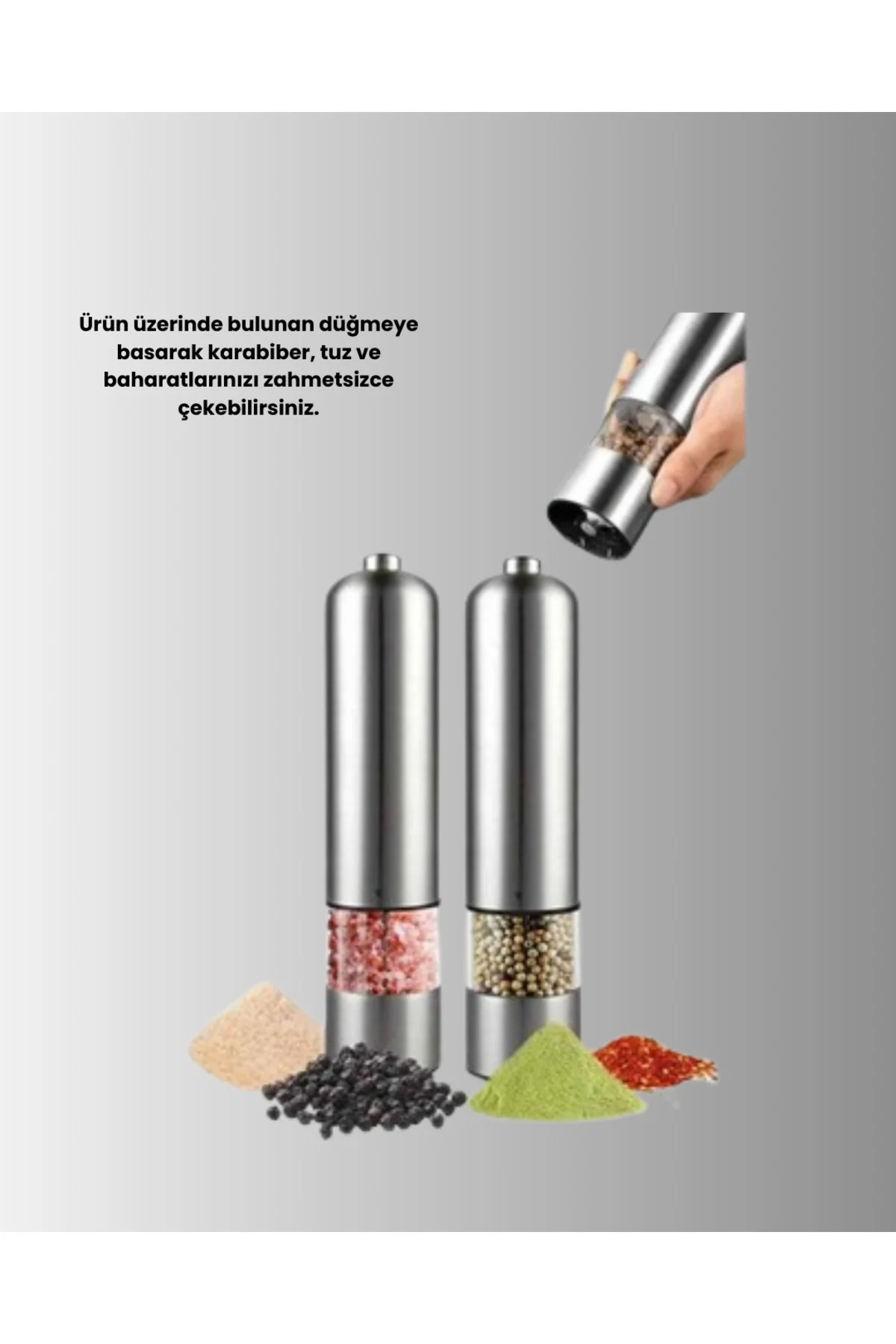 Pilli Otomatik Baharat Değirmeni Tek Tuşla Kolay Kullanım