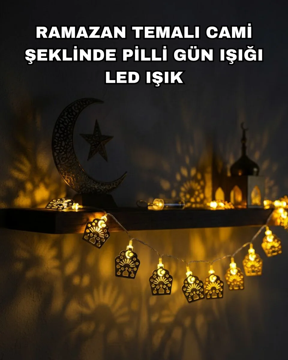 Pilli Ramazan ve Bayram LED Işık Zinciri – Cami Temalı Dekoratif