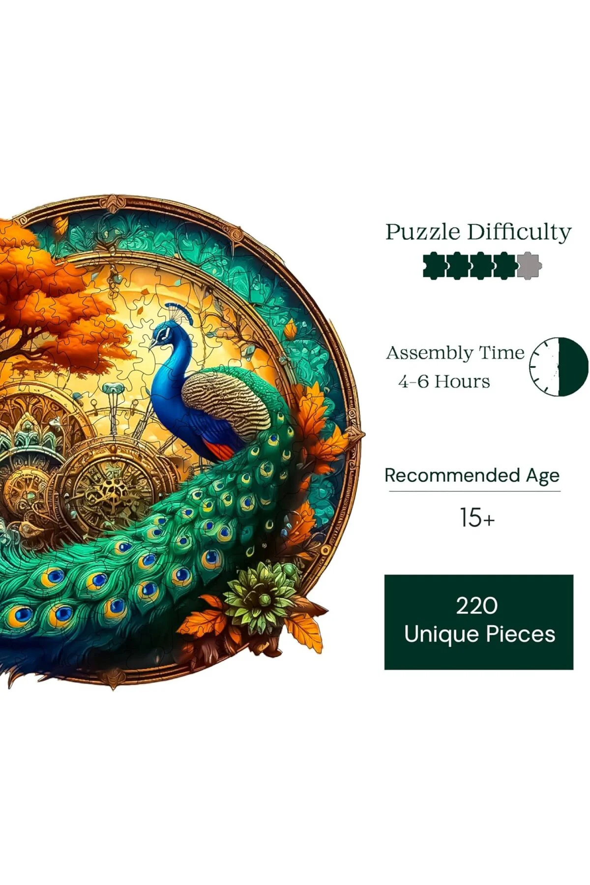 Pinecone - Ahşap Puzzle Yetişkinler için - Tavus Kuşu Benzersiz Parçalı Puzzle - 220 Parça A
