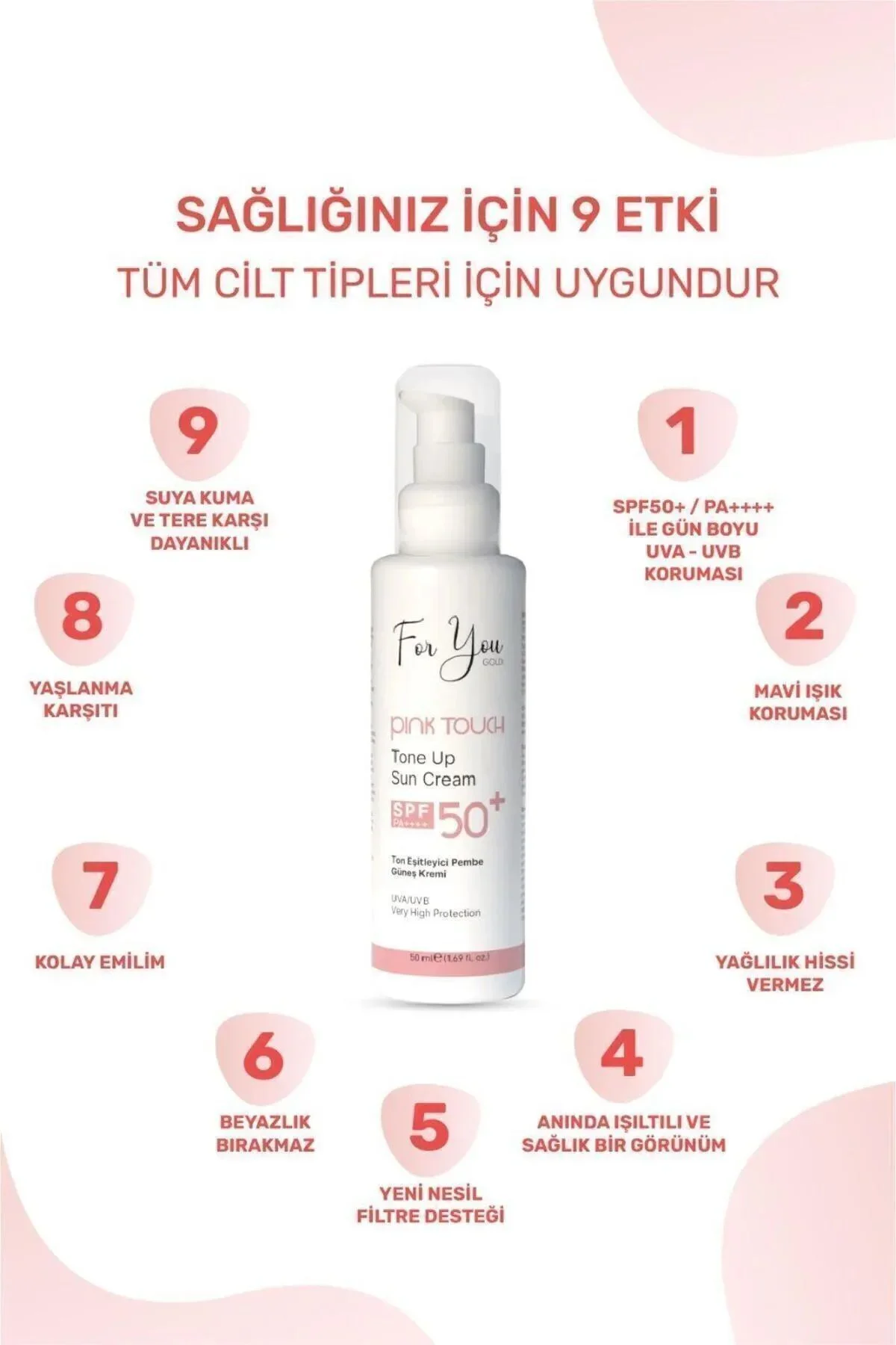 Pink Touch Spf 50 Ton Eşitleyici, Aydınlatıcı Pembe Yüz Güneş Kremi Pa Spf 50 - Görsel 6