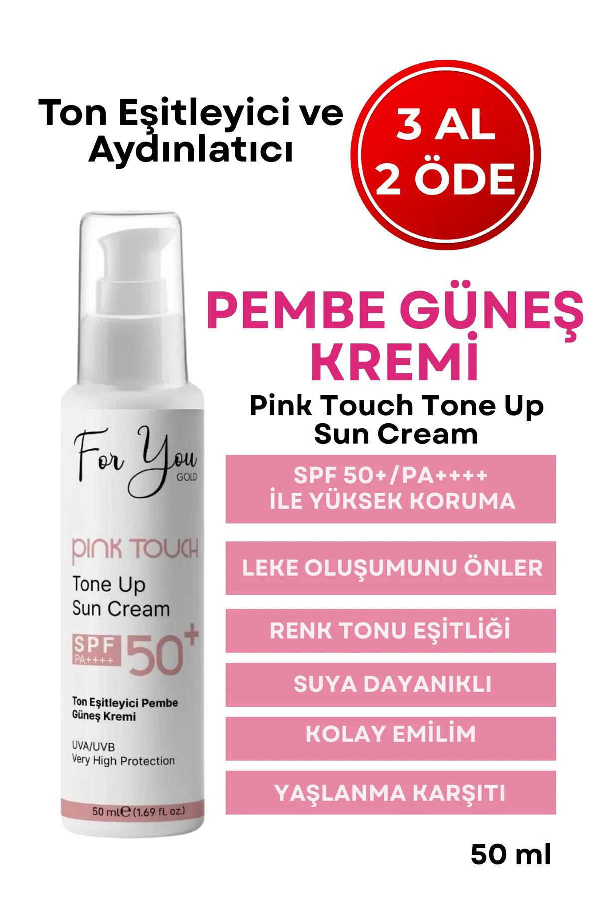 Pink Touch Spf 50 Ton Eşitleyici, Aydınlatıcı Pembe Yüz Güneş Kre