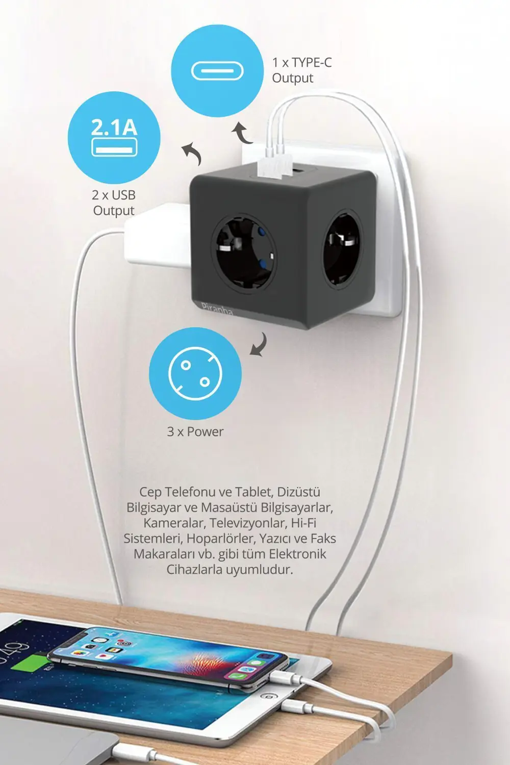 Piranha 45510 16A Akım Korumalı 3 Lü Priz 2XUSB 1XTYPE-C