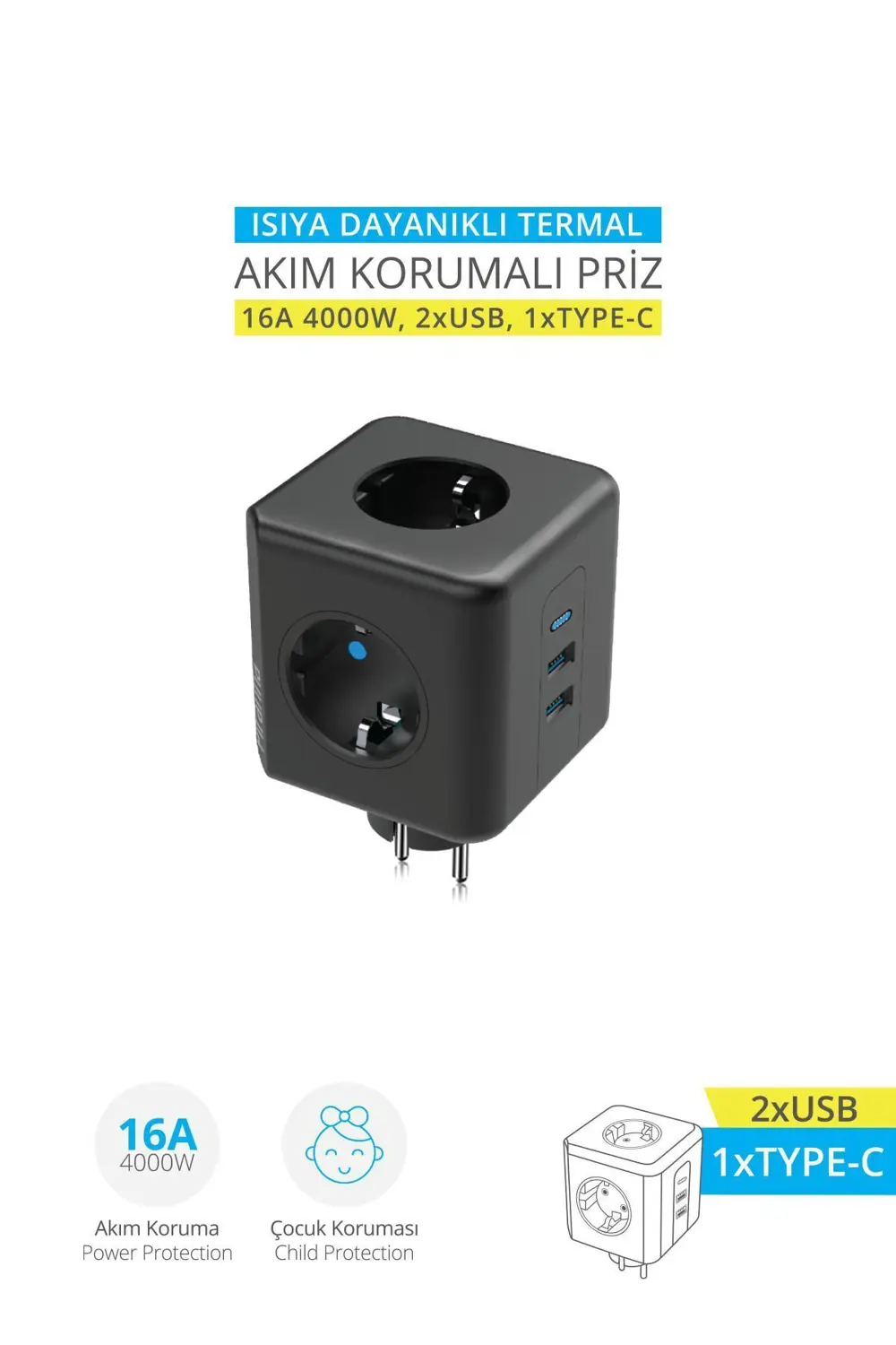 Piranha 45510 16A Akım Korumalı 3 Lü Priz 2XUSB 1XTYPE-C