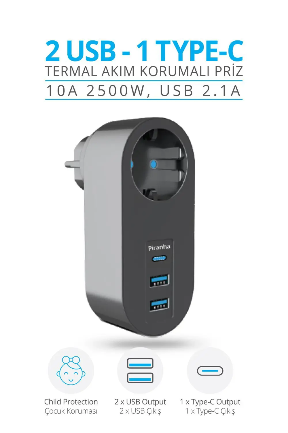 Piranha 45515 Akım Korumalı 2 USB / 1 Type-C'li Priz