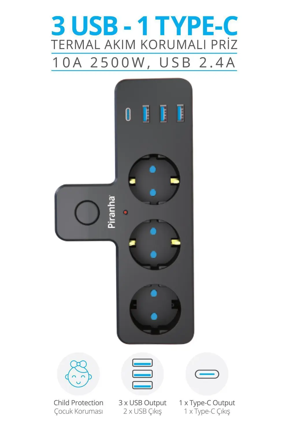 Piranha Akım Korumalı 3 USB 1 Type-C Girişli 3'lü Priz