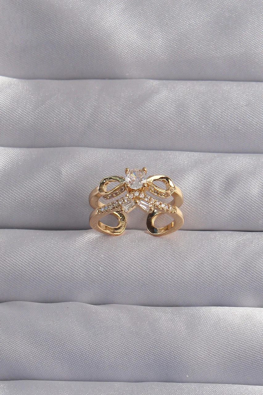 Pirinç Ayarlamalı Gold Renk Zirkon Taşlı 2li Görünüm Fiyonk Yüzük Tj-byk3287 Diğer
