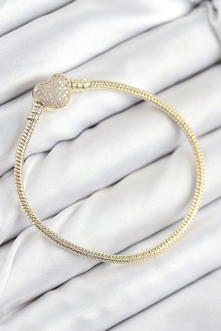 Pirinç Charm Zirkon Taşlı Kalp Model Gold Renk Kadın Bileklik - Lisinya Diğer