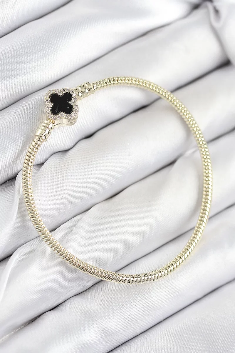 Pirinç Charm Zirkon Taşlı Yonca Model Gold Renk Kadın Bileklik - 