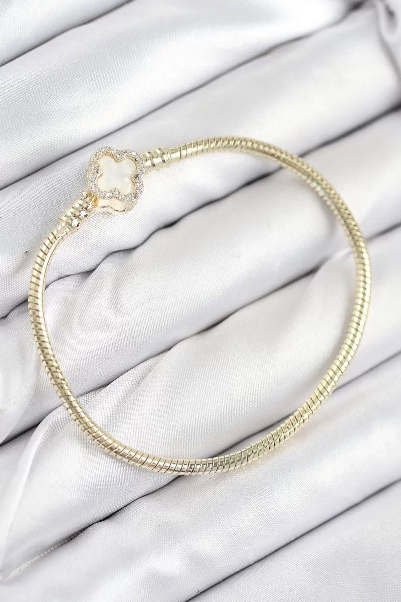 Pirinç Charm Zirkon Taşlı Yonca Model Gold Renk Kadın Bileklik - Lisinya