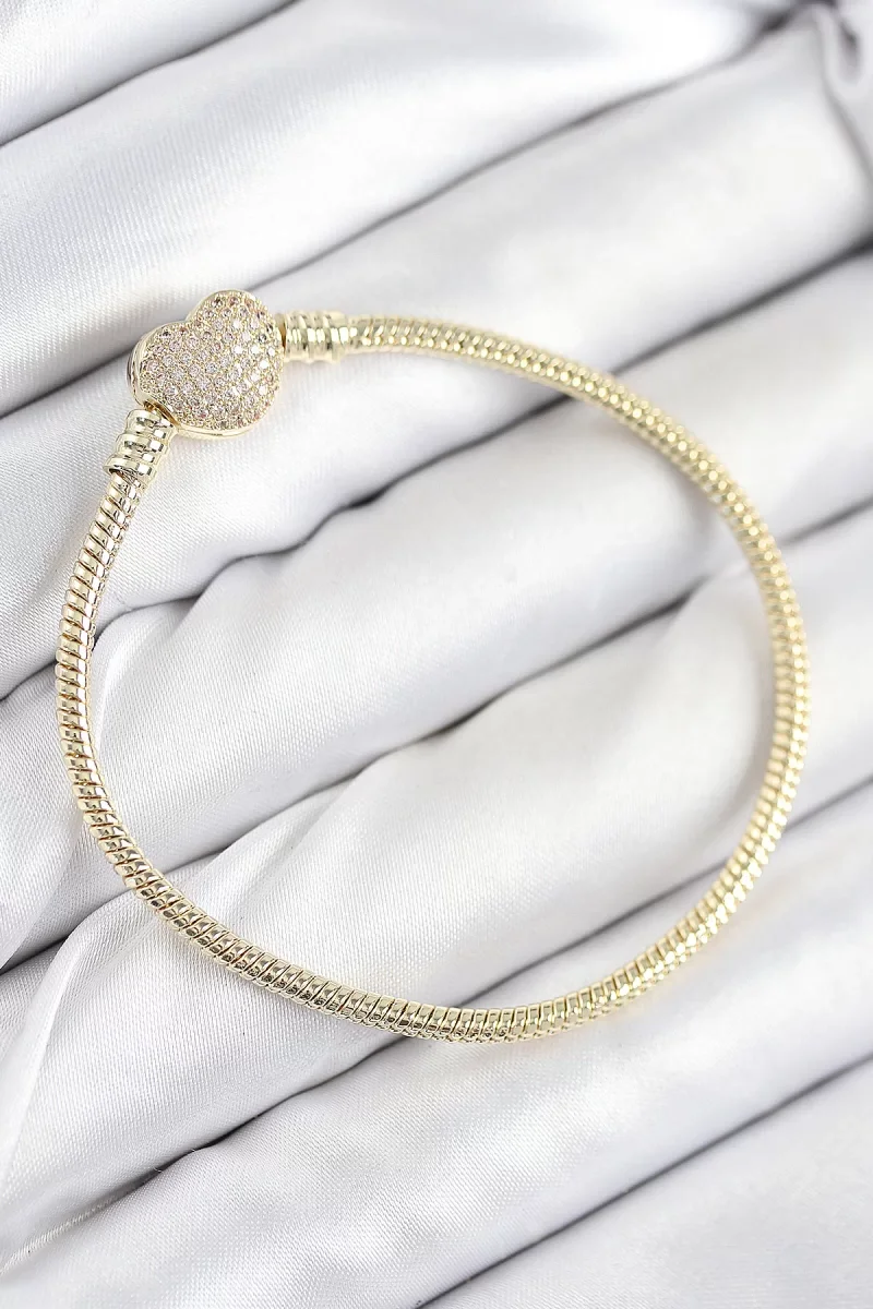 Pirinç Charm Zirkon Taşlı Kalp Model Gold Renk Kadın Bileklik - Lisinya