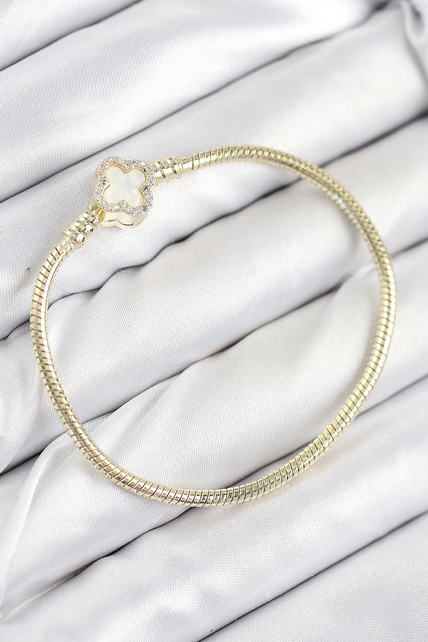 Pirinç Charm Zirkon Taşlı Yonca Model Gold Renk Kadın Bileklik - Lisinya Diğer