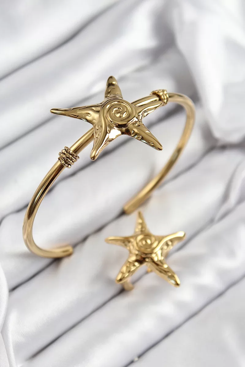 Pirinç Deniz Yıldızı Model Gold Renk Bileklik Yüzük Set - Lisinya