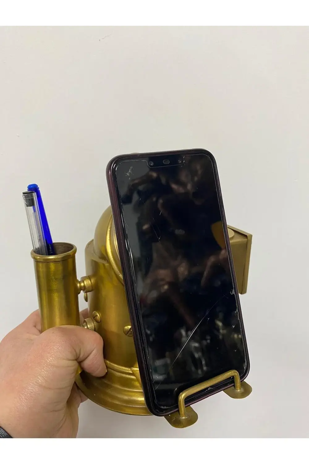 Pirinç Eskitme Lüx Masa Saati Ve Kalemlik Kalemtraş 18x18cm