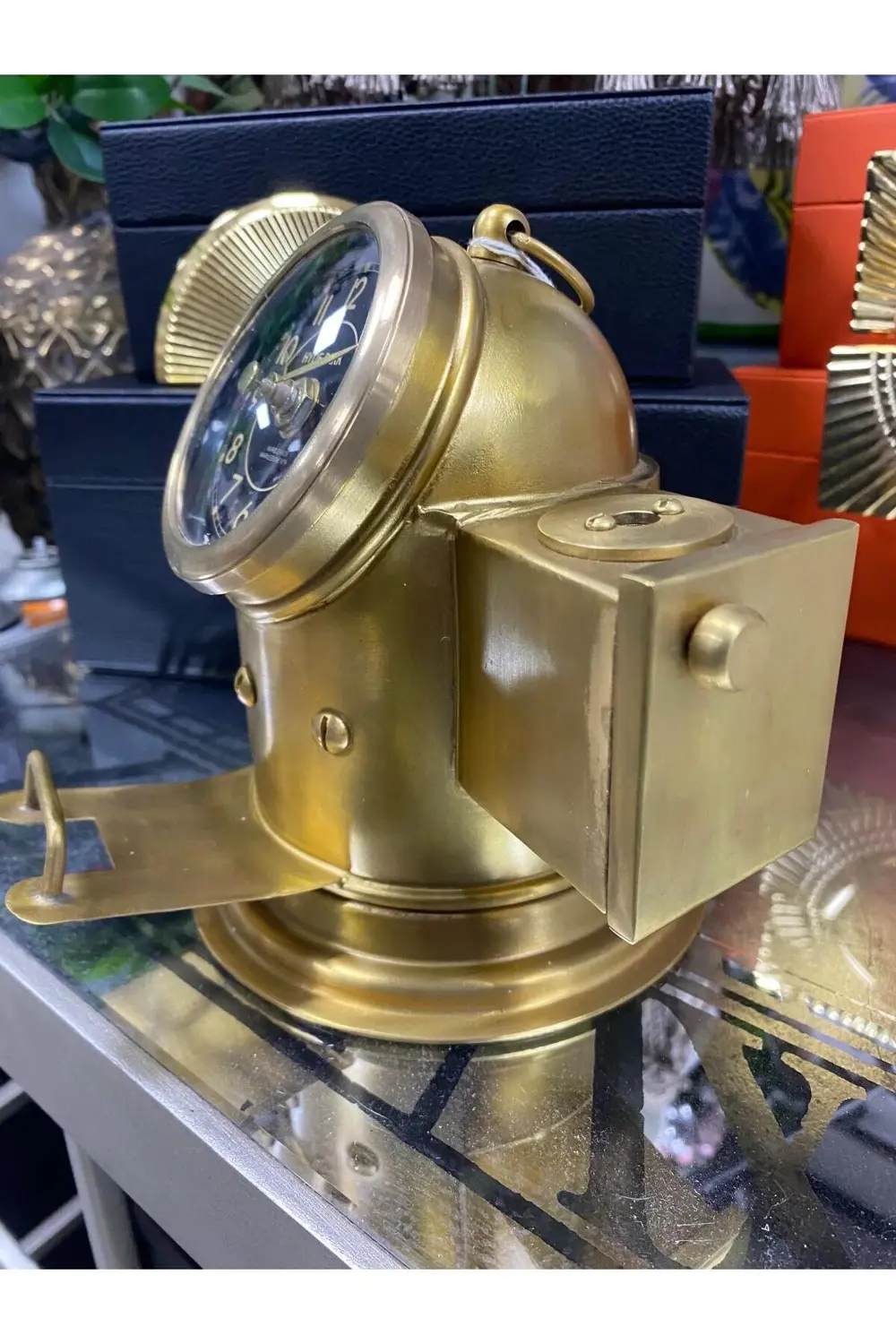 Pirinç Eskitme Lüx Masa Saati Ve Kalemlik Kalemtraş 18x18cm