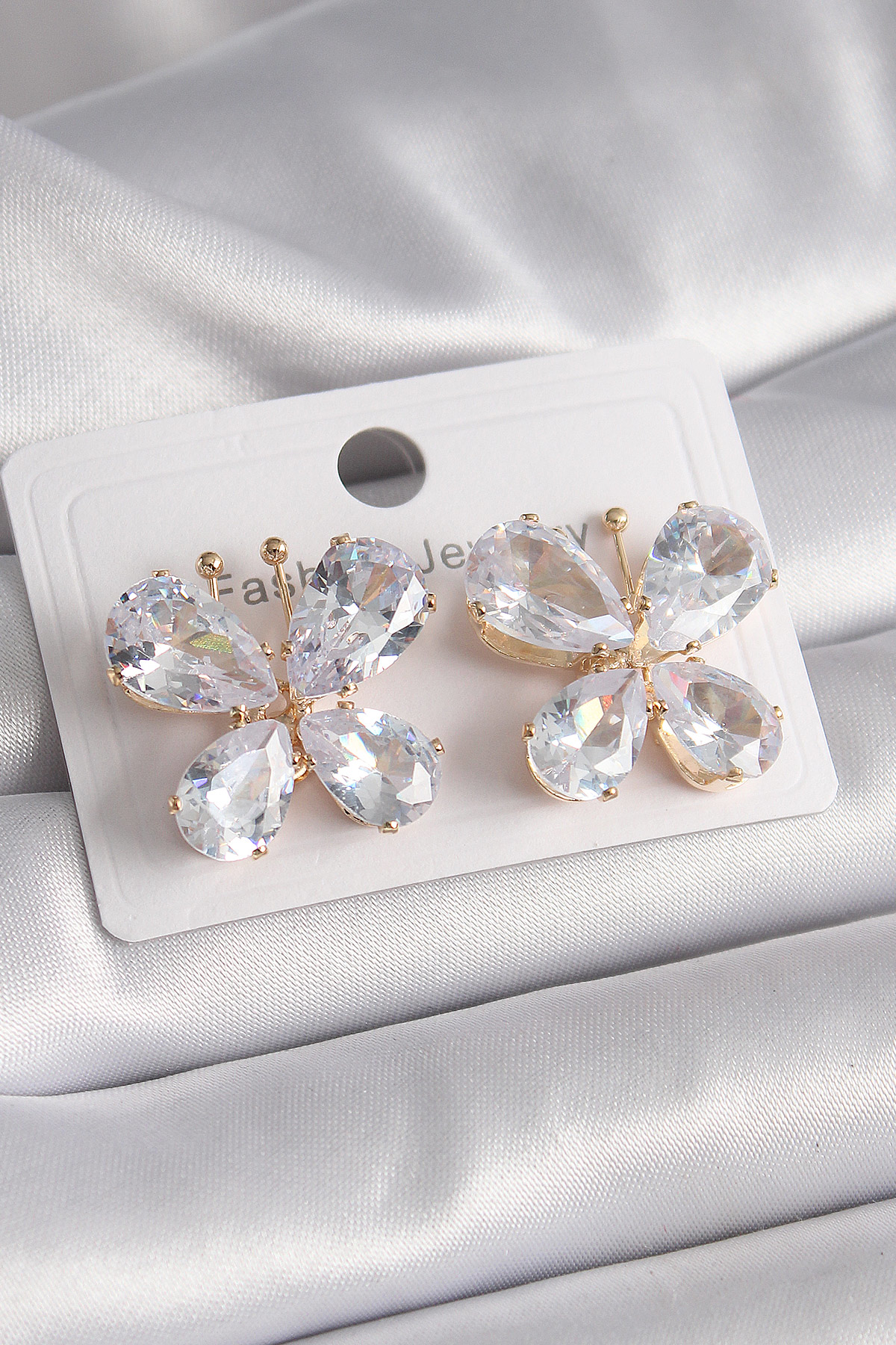 Pirinç Gold Renk Zirkon Taşlı Kelebek Model Kadın Küpe SL9042