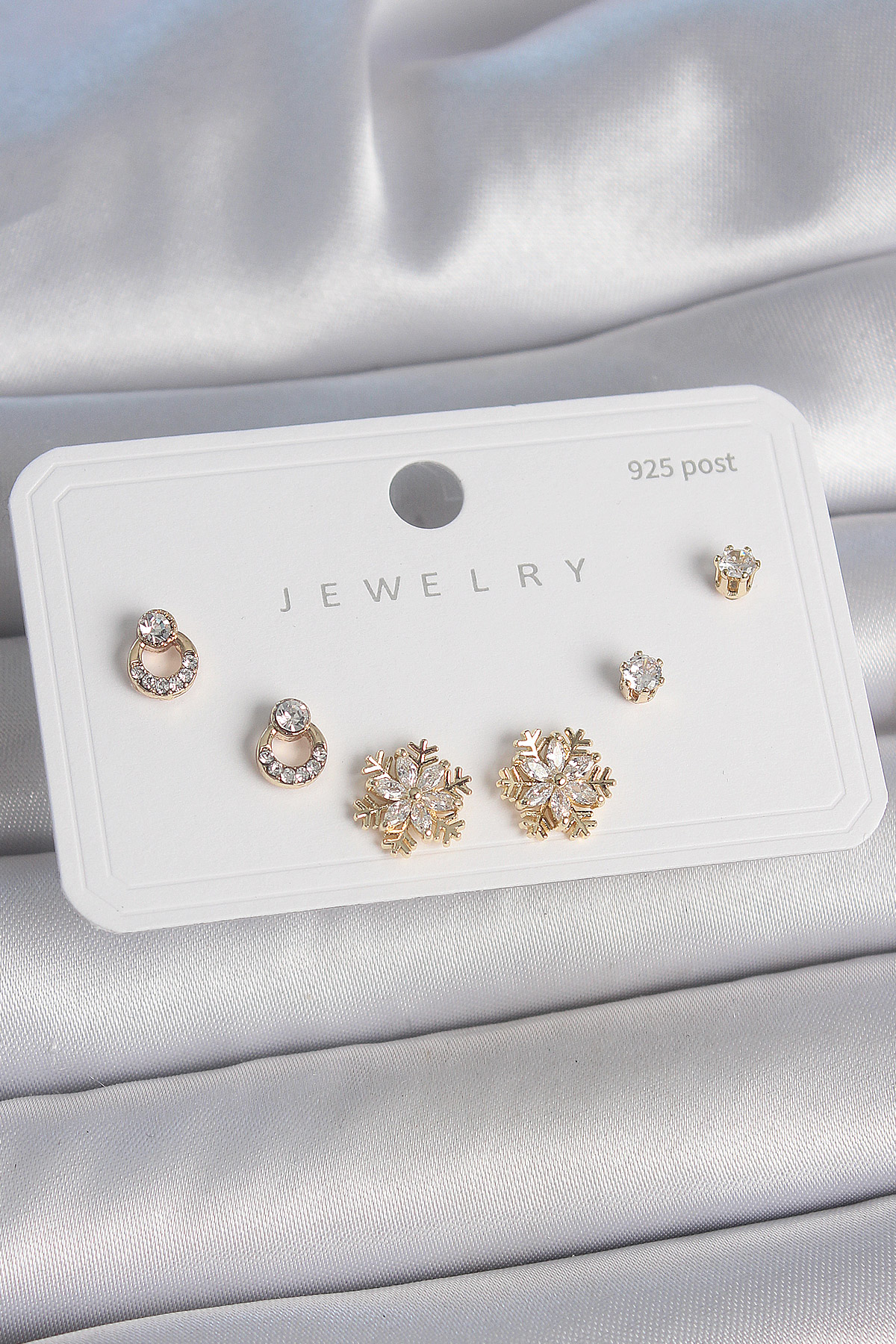 Pirinç Gold Renk Zirkon Taşlı Kar Tanesi Model 925 Ayar Gümüş Çiv