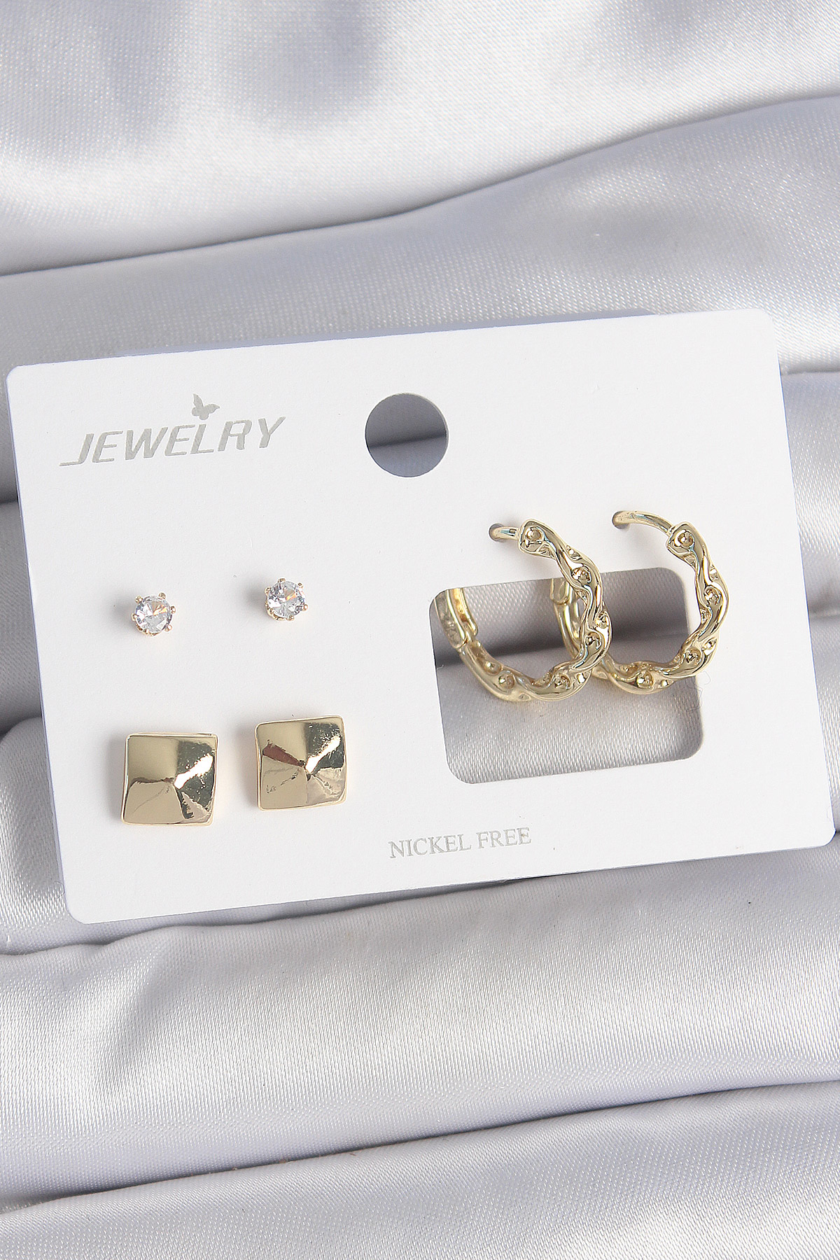 Stillove Pirinç Gold Renk Burgu Halka Model Zirkon Taşlı Kare Detay 3 Çift