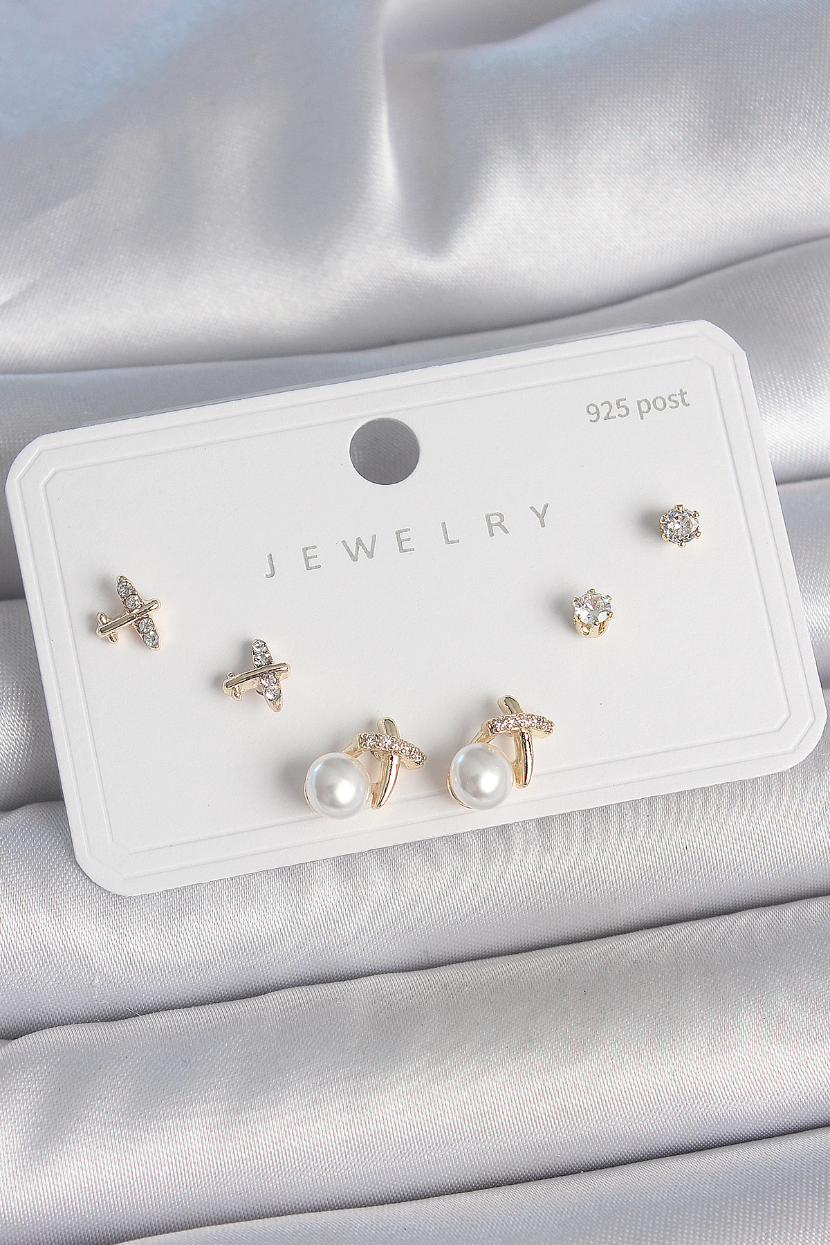 Pirinç Gold Renk Zirkon Taşlı Kelebek Model İnci Detay 925 Ayar G