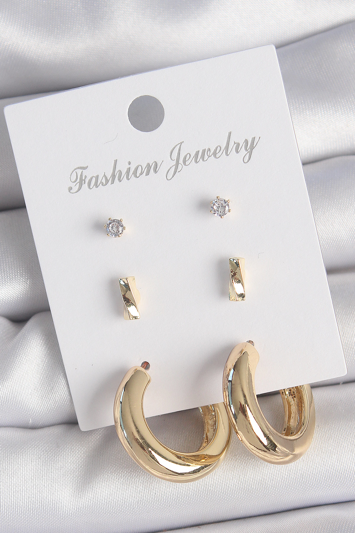 Stillove Pirinç Gold Renk Zirkon Taşlı Halka Model 3 Çift Kadın Küpe Seti 