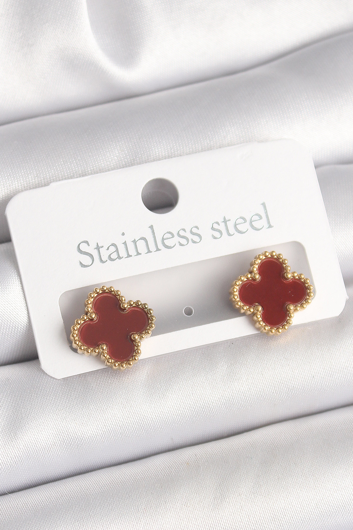 Pirinç Gold Renk Bordo Yonca Model Kadın Küpe SL10943