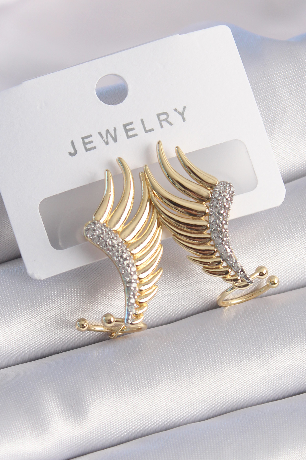 Pirinç Gold Renk Zirkon Taşlı Kanat Model Kadın Küpe SL8871