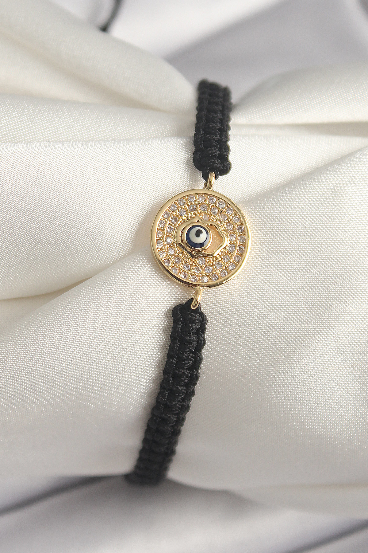 Pirinç Gold Renk Zirkon Taşlı Nazar Boncuk İşleme Makrome Asansör