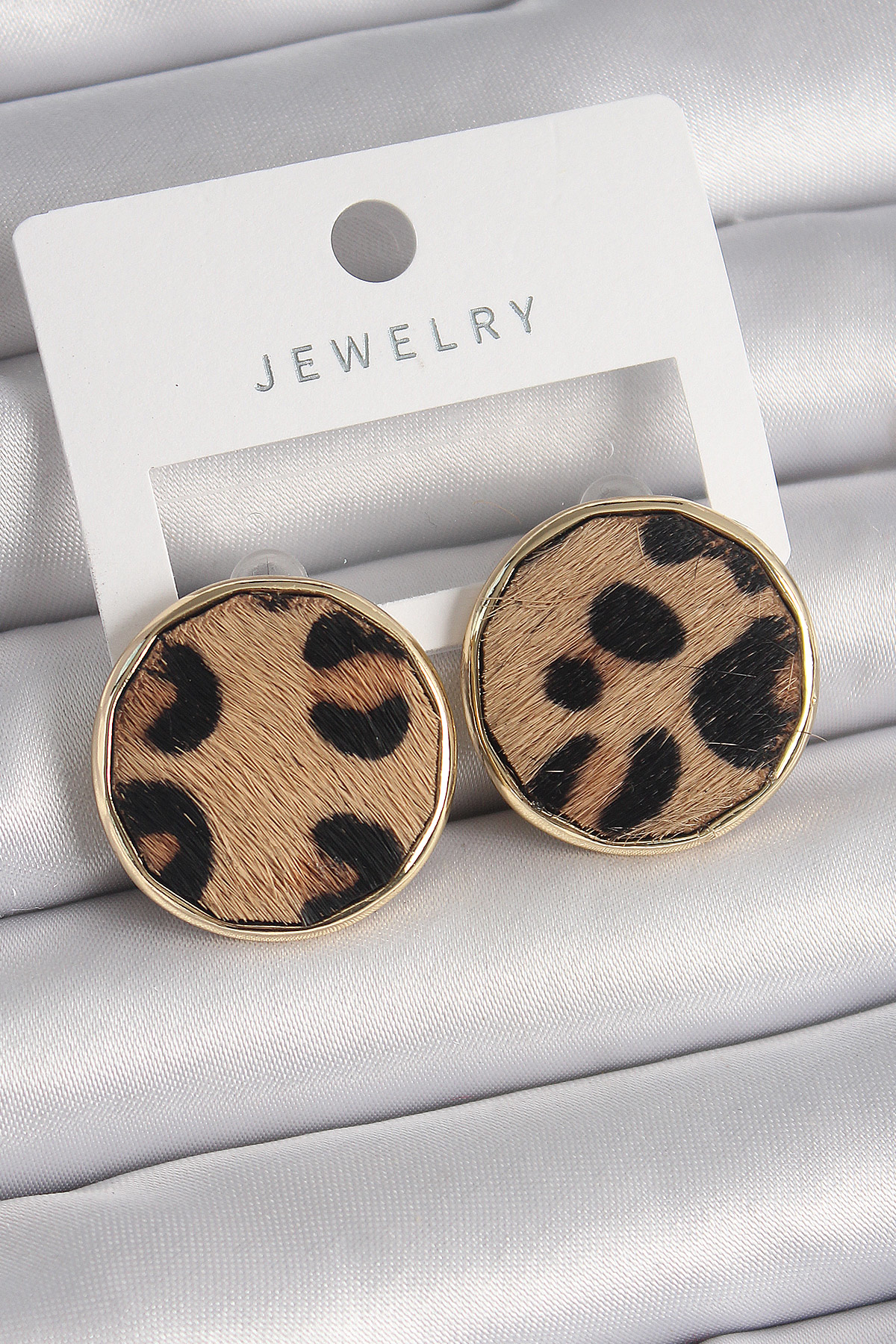 Pirinç Gold Renk Daire Plaka Model Leopar Desenli Kadın Küpe - TJ