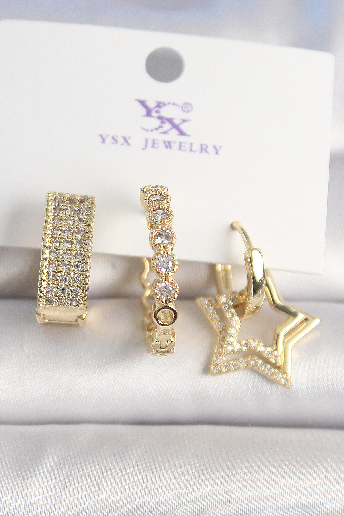 Pirinç Gold Renk Zirkon Taşlı Yıldız Figür Halka Model 3'Lü Kadın