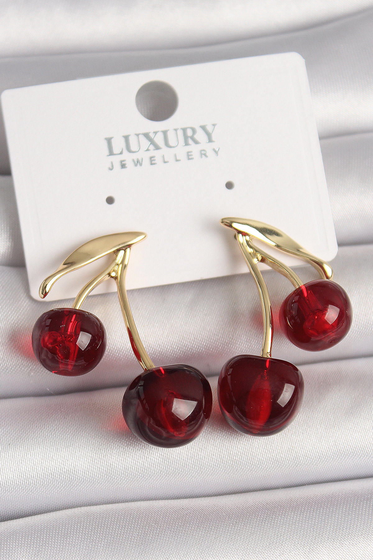 Pirinç Gold Renk Kırmızı Kiraz Model Kadın Küpe SL11398