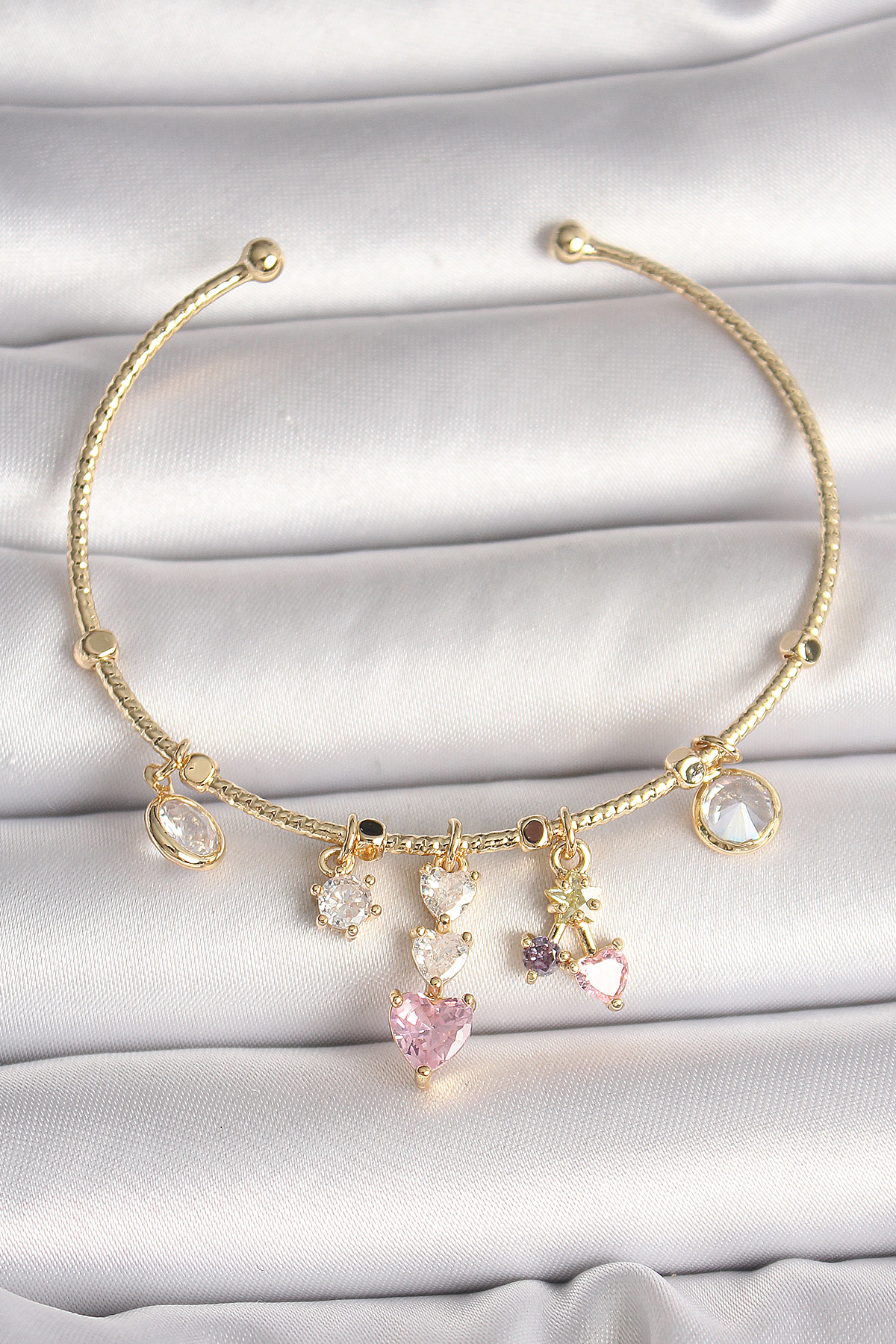 Pirinç Gold Renk Sallantı Zirkon Taşlı Kalp Figür Pembe Kalp Deta