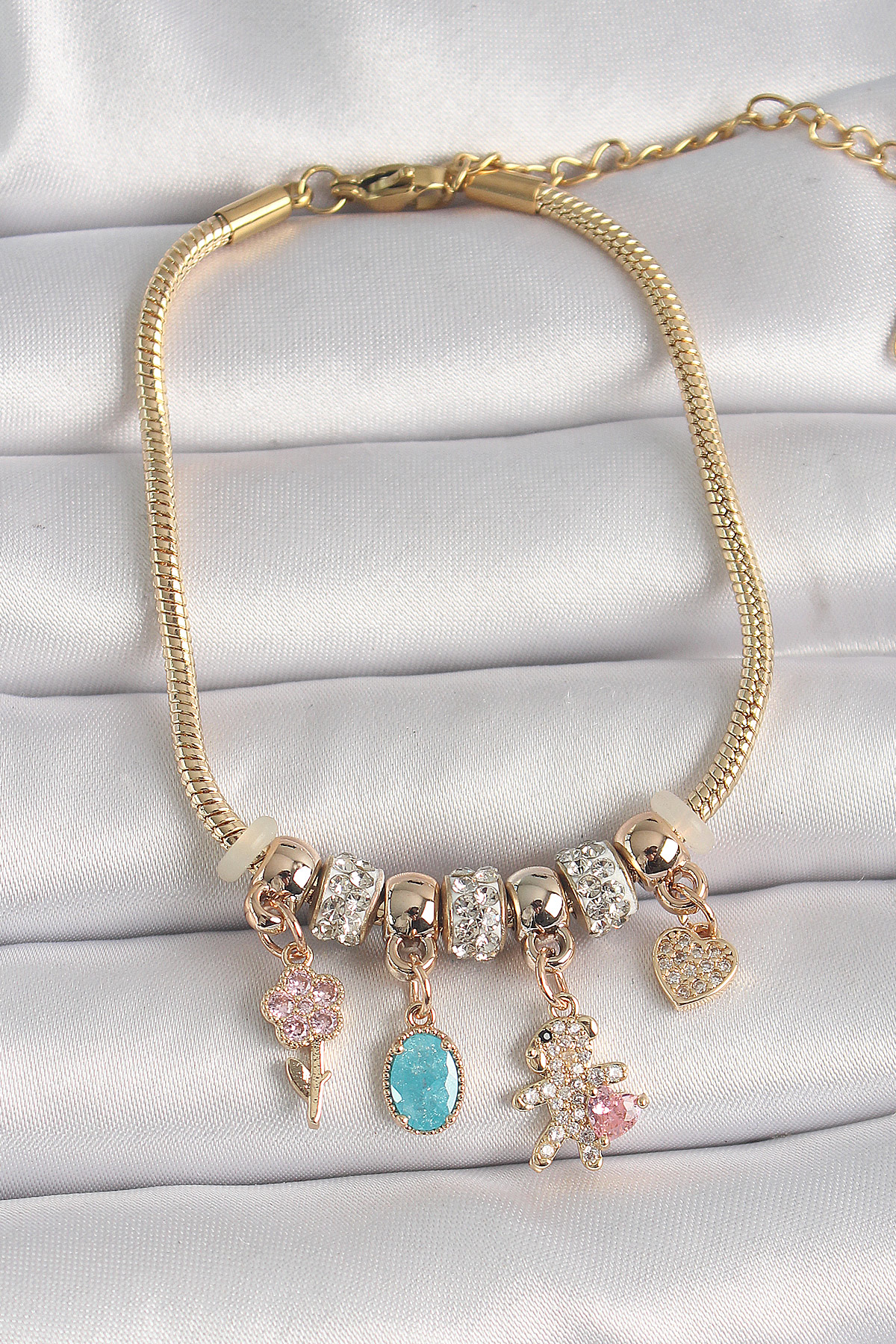 Pirinç Gold Renk Zincir Sallantı Zirkon Taşlı Ayıcık Figür Çiçek 