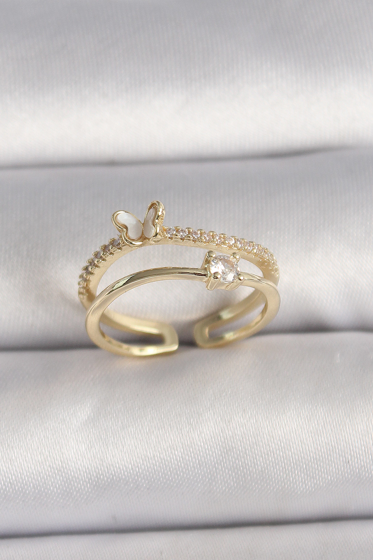 Pirinç Gold Renk Zirkon Taş Detaylı Kelebek Figür Ayarlanabilir Y