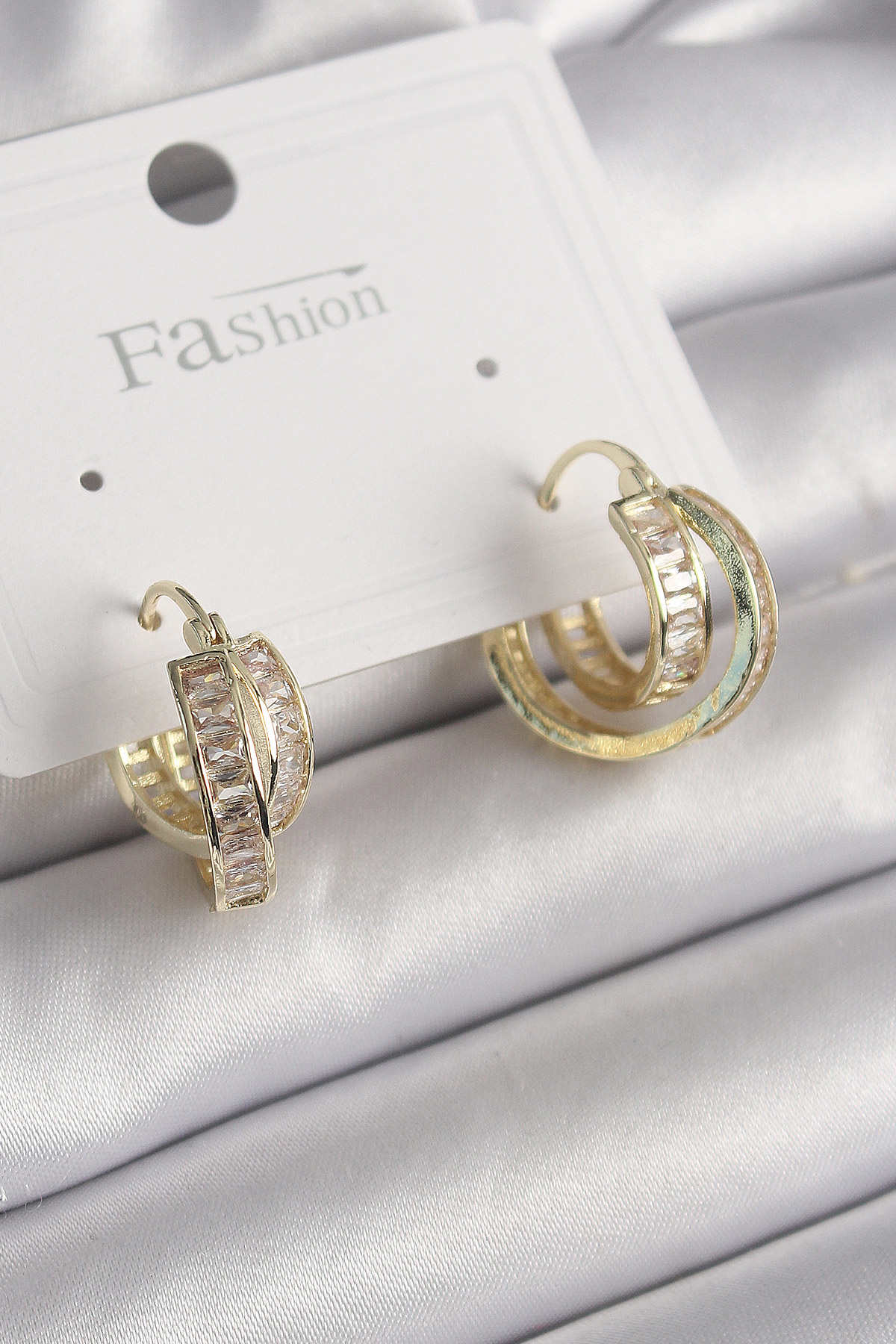 Pirinç Gold Renk Zirkon Taşlı Halka Model Kadın Küpe SL9900