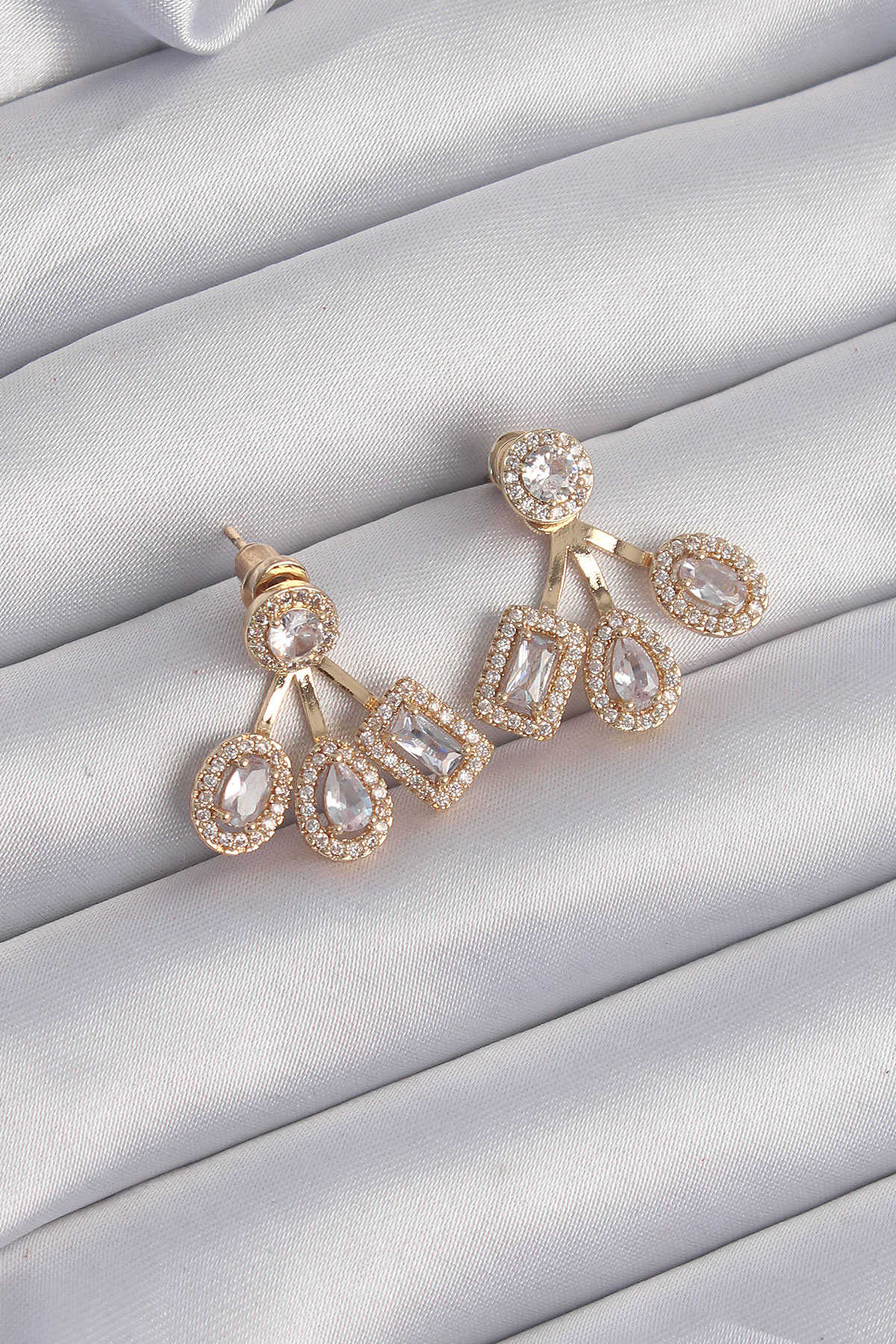 Pirinç Gold Renk Zirkon Taşlı Geometrik Model Küpe SL8309