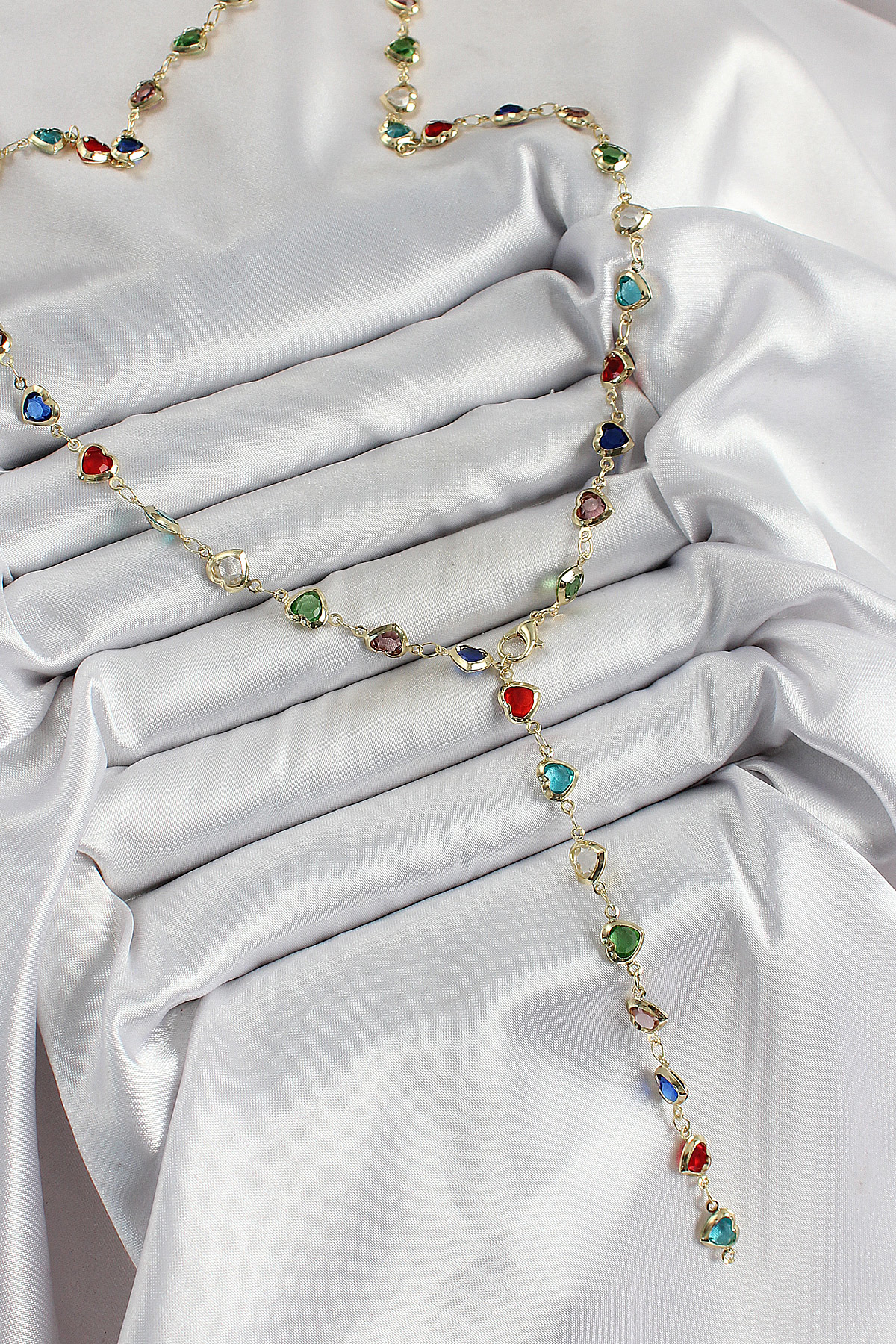 Pirinç Gold Renk Karışık Renk Zirkon Taşlı Kalpli Y Kadın Kolye -