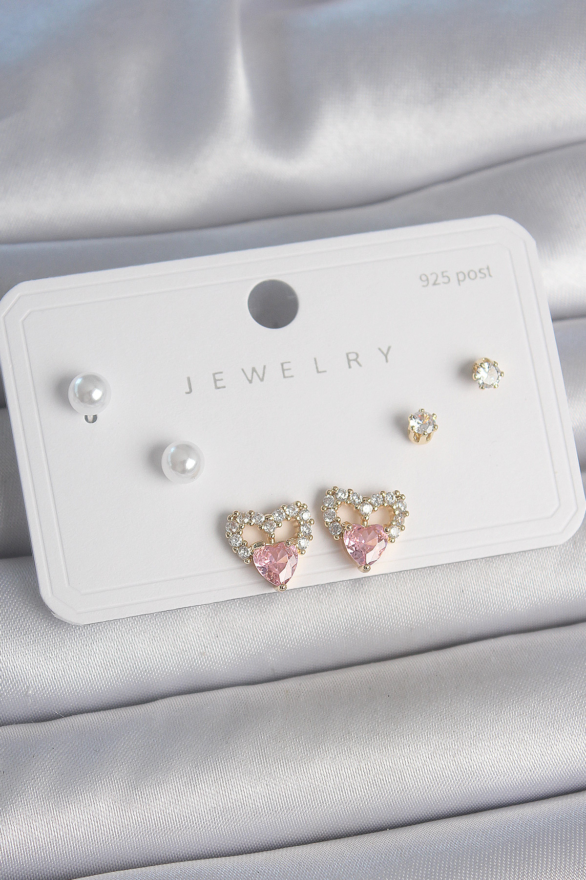 Pirinç Gold Renk Pembe Zirkon Taşlı Kalp Model İnci Detay 925 Aya