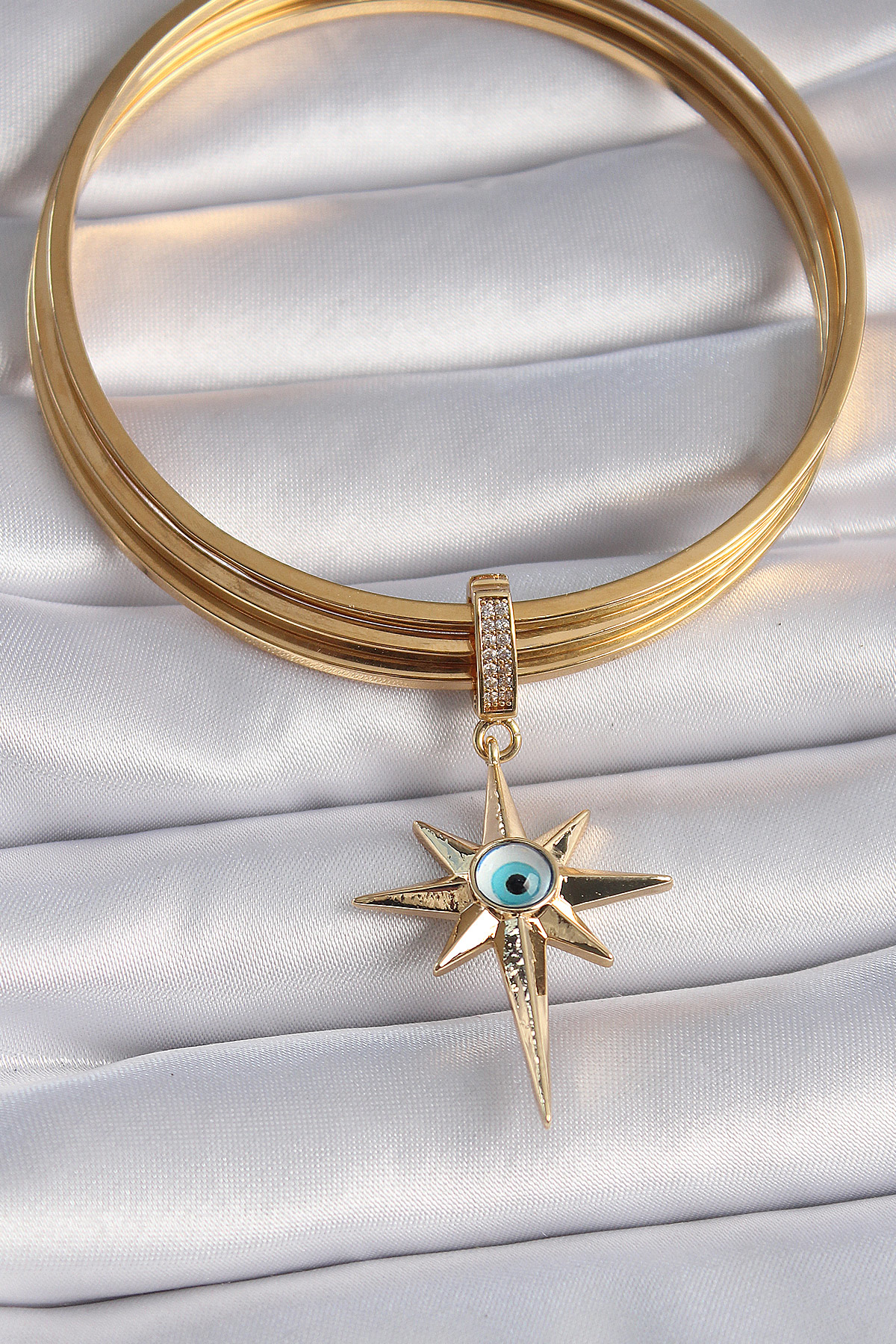 Stillove Pirinç Gold Renk Zirkon Taşlı Kutup Yıldızı Nazar Boncuk Detay Aj