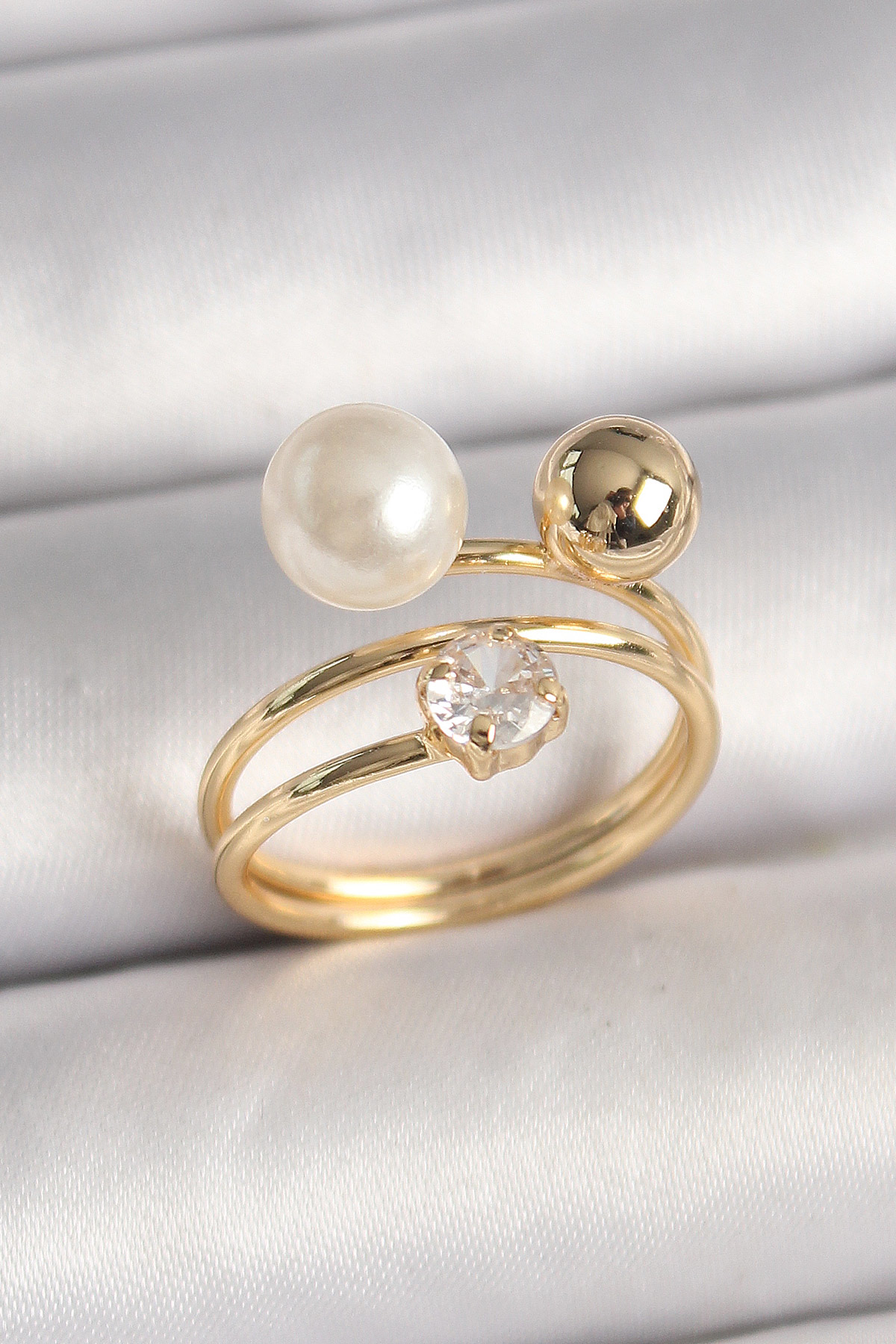 Pirinç Gold Renk Zirkon Taşlı Top İnci Model Kadın Yüzük SL10850