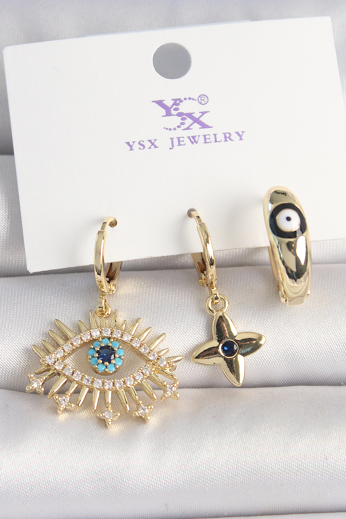 Pirinç Gold Renk Zirkon Taşlı Göz Figür Nazar Boncuk Detay 3'Lü K