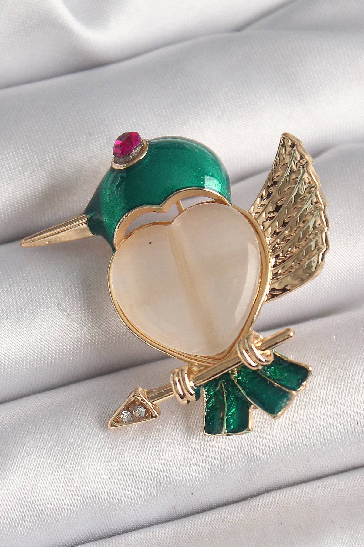 Stillove Pirinç Gold Renk Beyaz Mineli Kalp Yeşil Sinek Kuşu Model Pembe Z