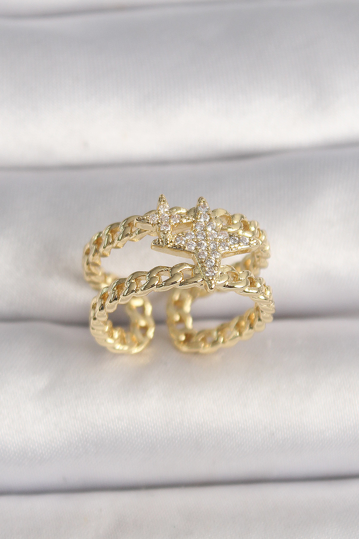 Pirinç Gold Renk 2'Li Zincir Zirkon Taşlı Yıldız Figür Kadın Koly