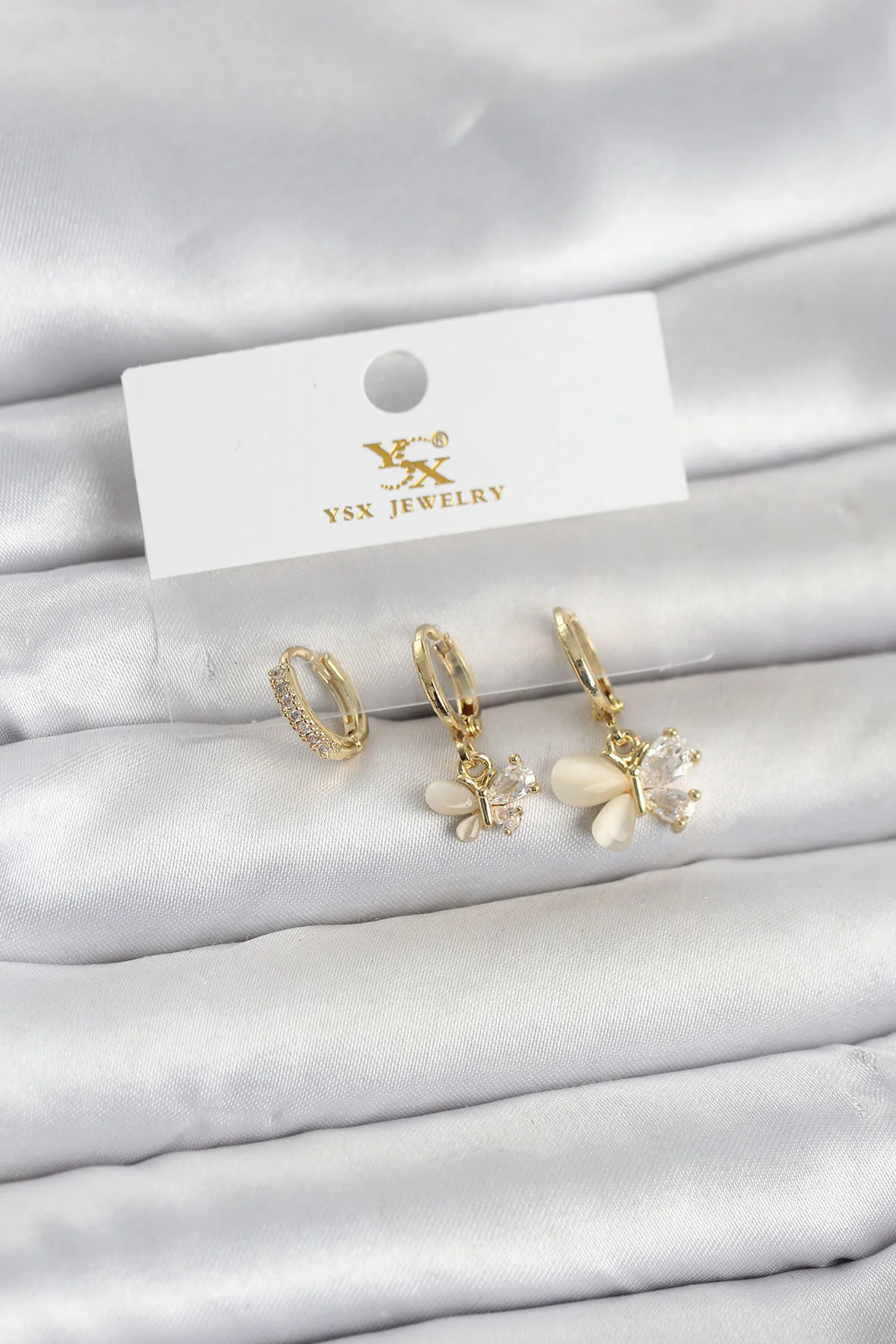Pirinç Gold Renk 3'lü Kelebek Kadın Küpe - Zirkonlu Günlük Takı