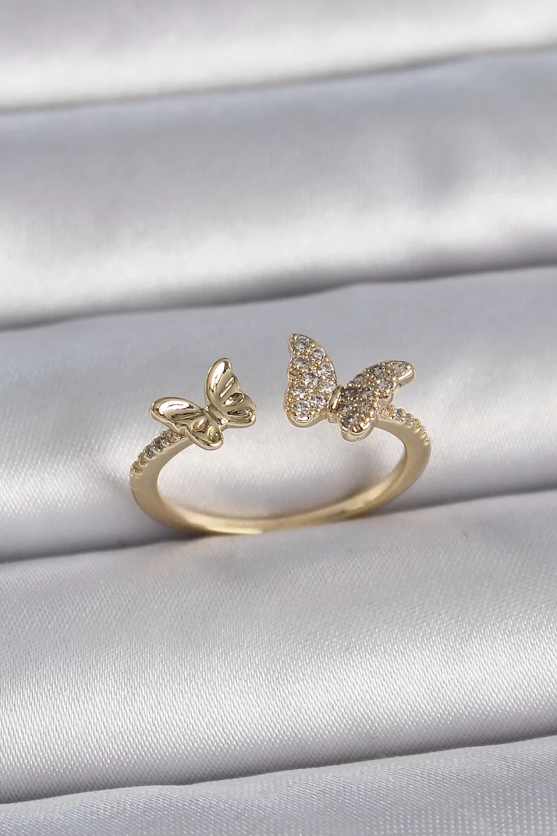 Pirinç Gold Renk Ayarlanabilir Zirkon Taşlı Kelebek Model Kadın Yüzük - Lisinya