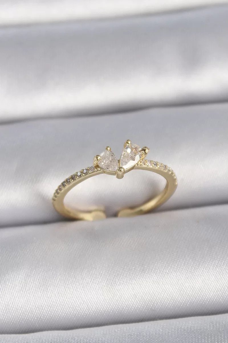 Pirinç Gold Renk Ayarlanabilir Zirkon Taşlı Kalp Model Kadın Yüzük - Lisinya