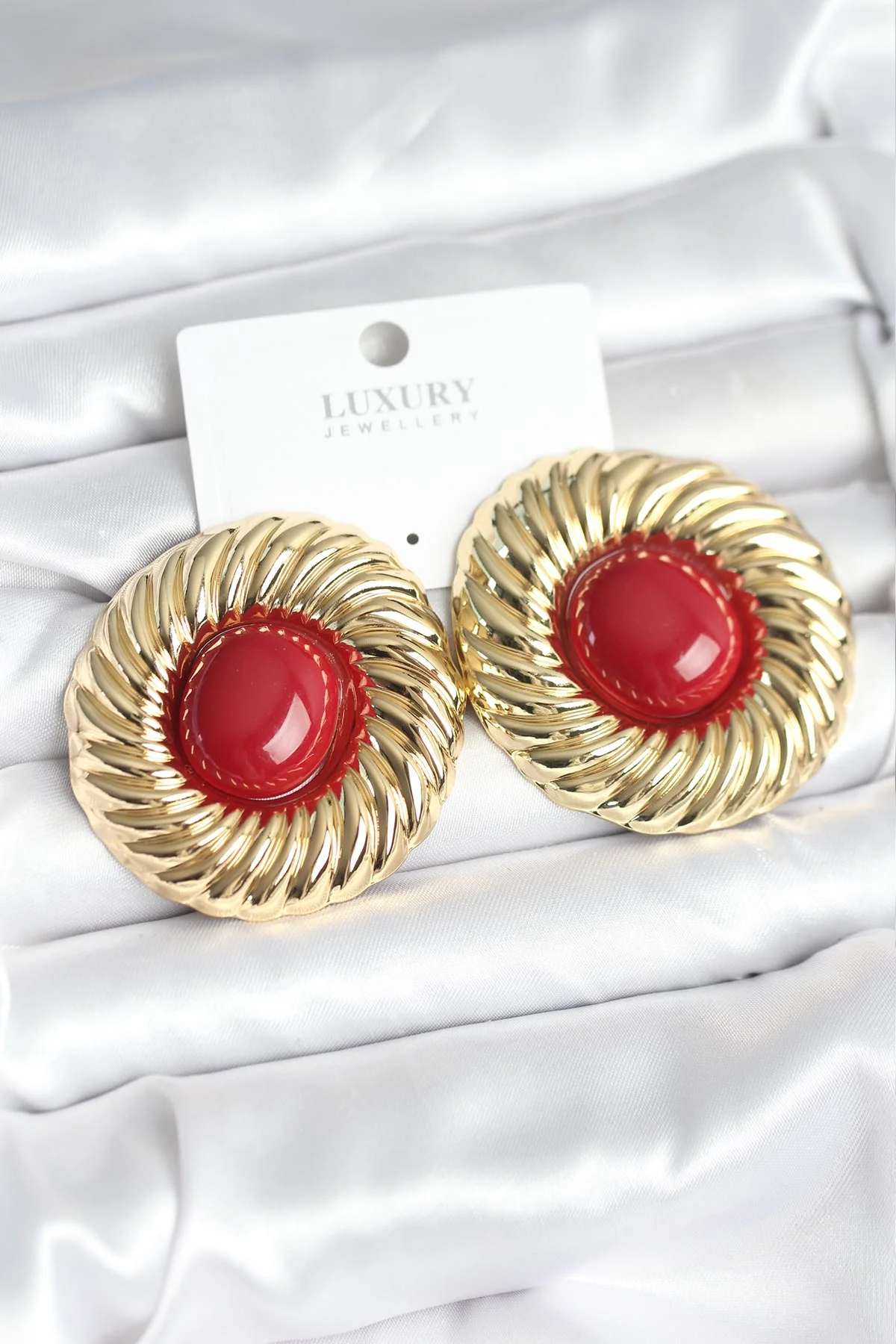 Pirinç Gold Renk Bordo Boncuklu Vintage Kadın Küpe 5886 - Altın Kaplama Kristal Tasarım