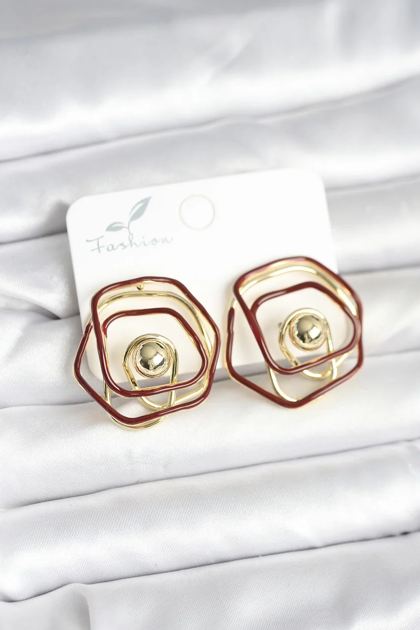 Pirinç Gold Renk Bordo Mineli Geometrik Gül Model Kadın Küpe Tj-bkp11374 Diğer