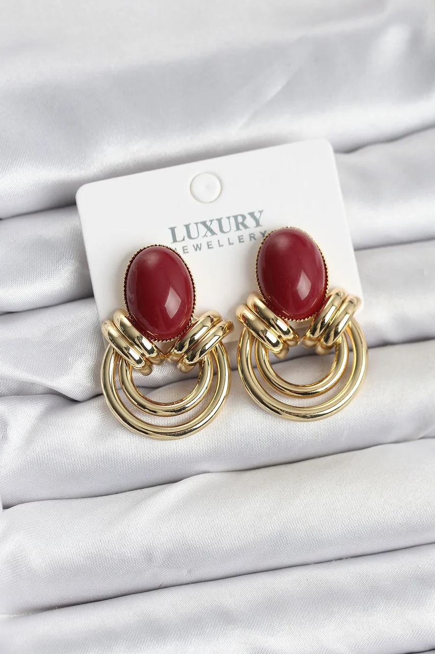 Pirinç Gold Renk Bordo Taşlı Vintage Kadın Küpe Çok Renkli