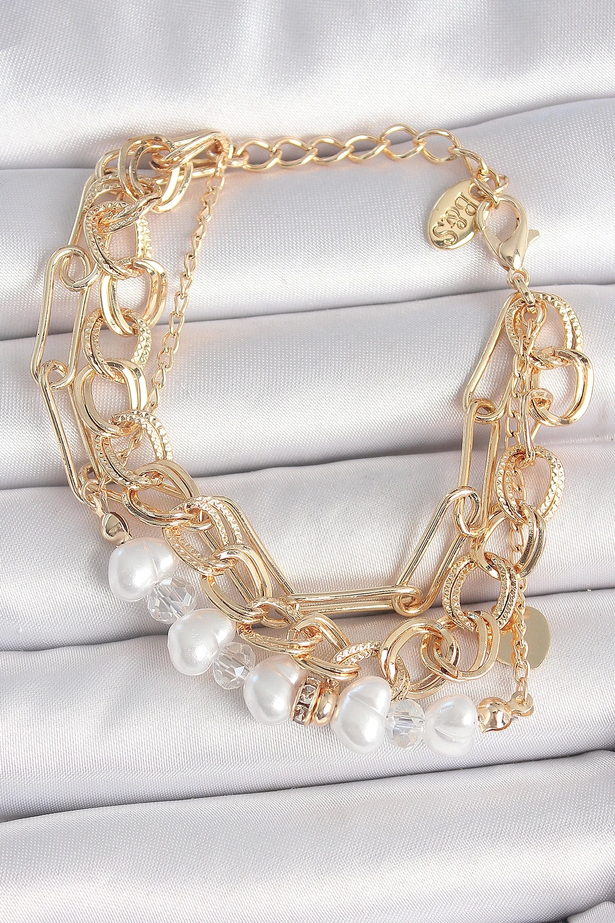 Butik Pirinç Gold Renk Çoklu Zincir Model İncilli Zirkon Taş Detay Kadı